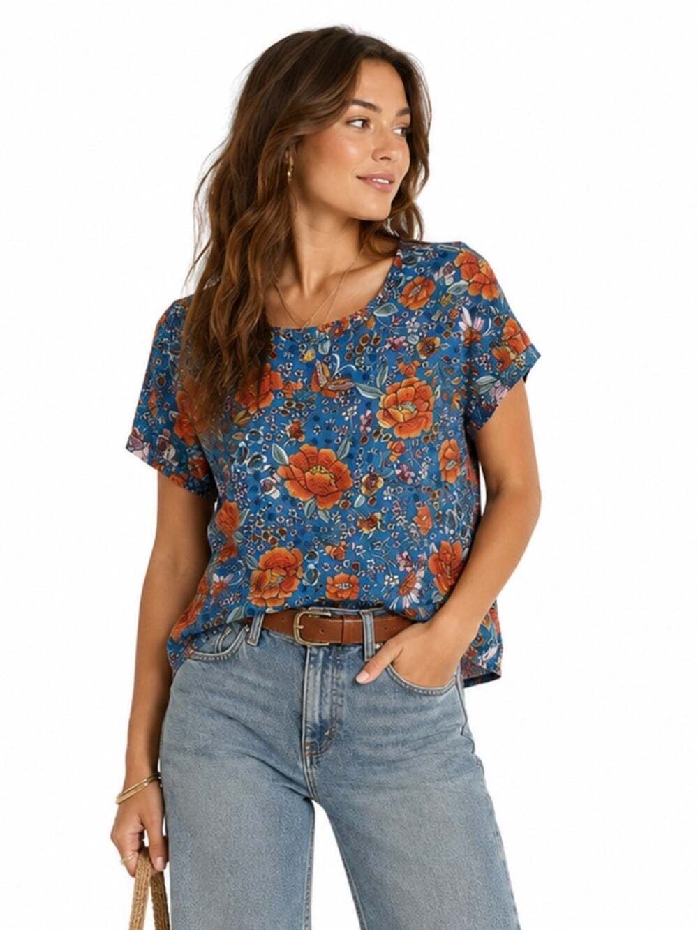Rose + Olive Women’s Size Small Blue Floral Short Sleeve Top Blouse
